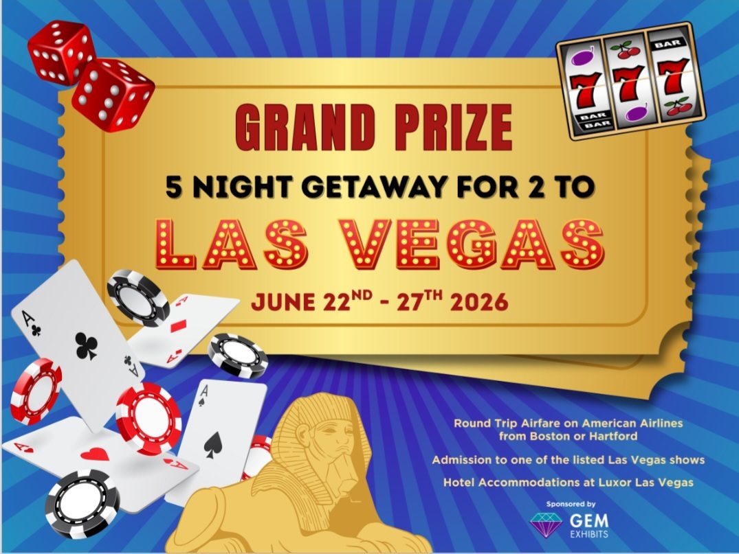 Raffle poster for a five night Las Vegas getaway sponsored by GEM Exhibits