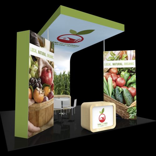 Portable island exhibit with an overhead canopy and product displays