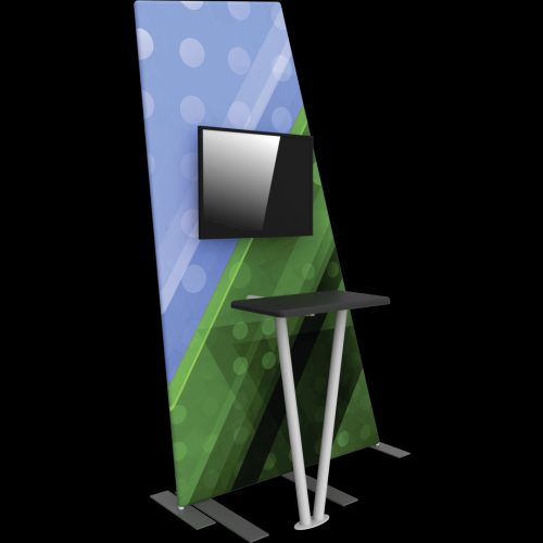 Freestanding kiosk with a mounted monitor and shelf