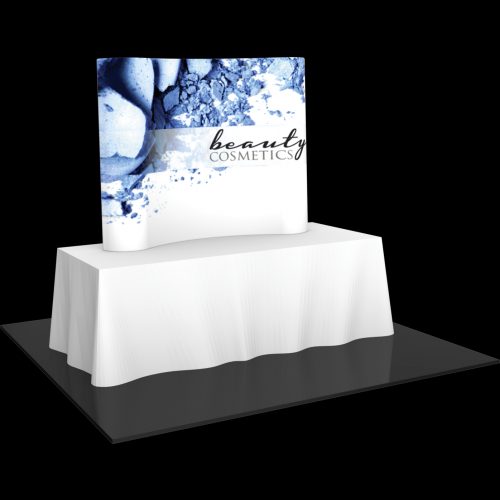 Table top display with a draped table and printed backwall